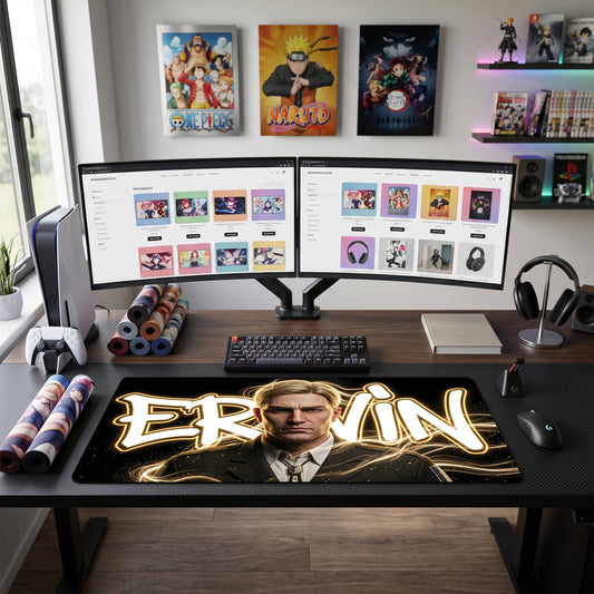 Erwin anime mouse pad XL gaming desk mat Suit Glowing Gold Typography Portrait