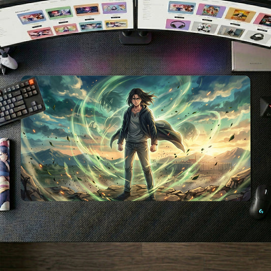 Eren anime mouse pad XL gaming desk mat Green Aura Cinematic Portrait