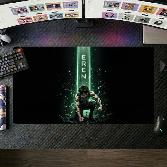 Eren anime mouse pad XL gaming desk mat Green Glow Cinematic Portrait