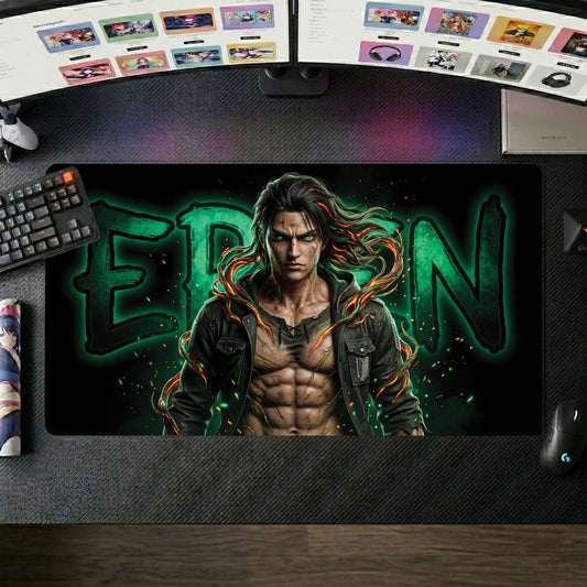 Eren anime mouse pad XL gaming desk mat Inferno Green Flames Portrait