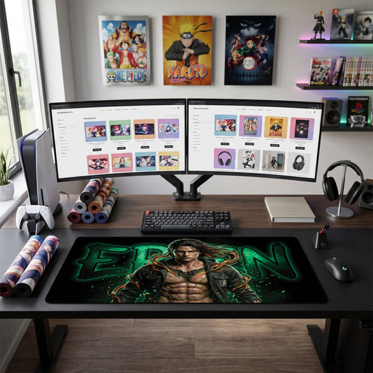 Eren anime mouse pad XL gaming desk mat Inferno Green Flames Portrait