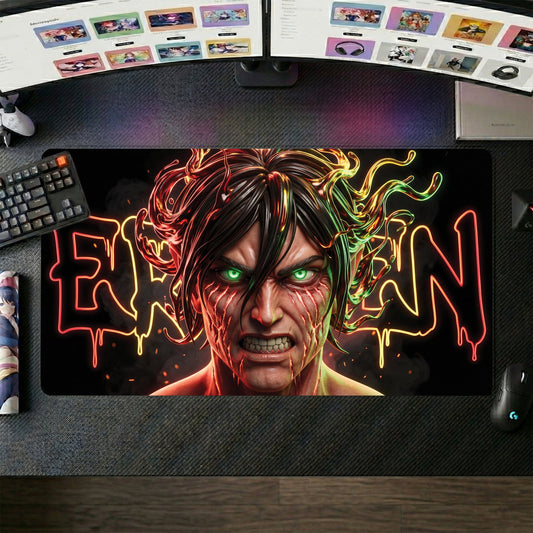 Eren anime mouse pad XL gaming desk mat Neon Glitch Portrait