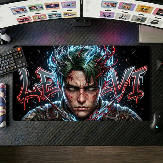 Levi anime mouse pad XL gaming desk mat Graffiti Blood Neon Portrait