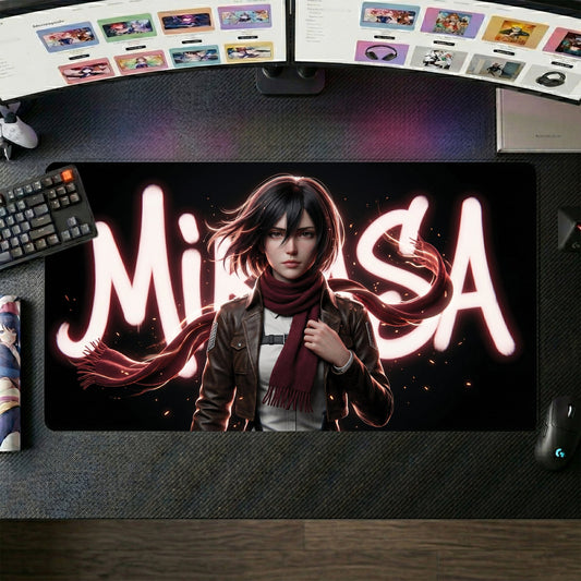 Mikasa anime mouse pad XL gaming desk mat Neon Portrait Red Scarf