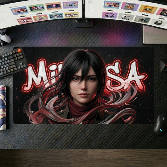 Mikasa anime mouse pad XL gaming desk mat Neon Portrait Red Scarf 1