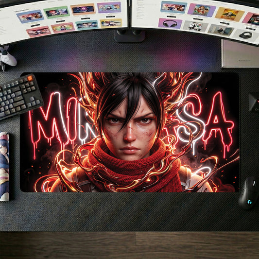 Mikasa anime mouse pad XL gaming desk mat Neon Red Scarf Portrait