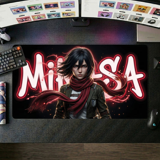 Mikasa anime mouse pad XL gaming desk mat Neon Red Scarf Portrait 1