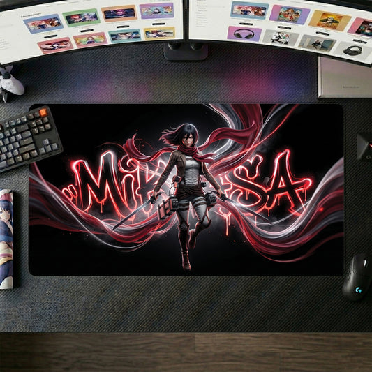 Mikasa anime mouse pad XL gaming desk mat Neon Red Scarf Portrait 2